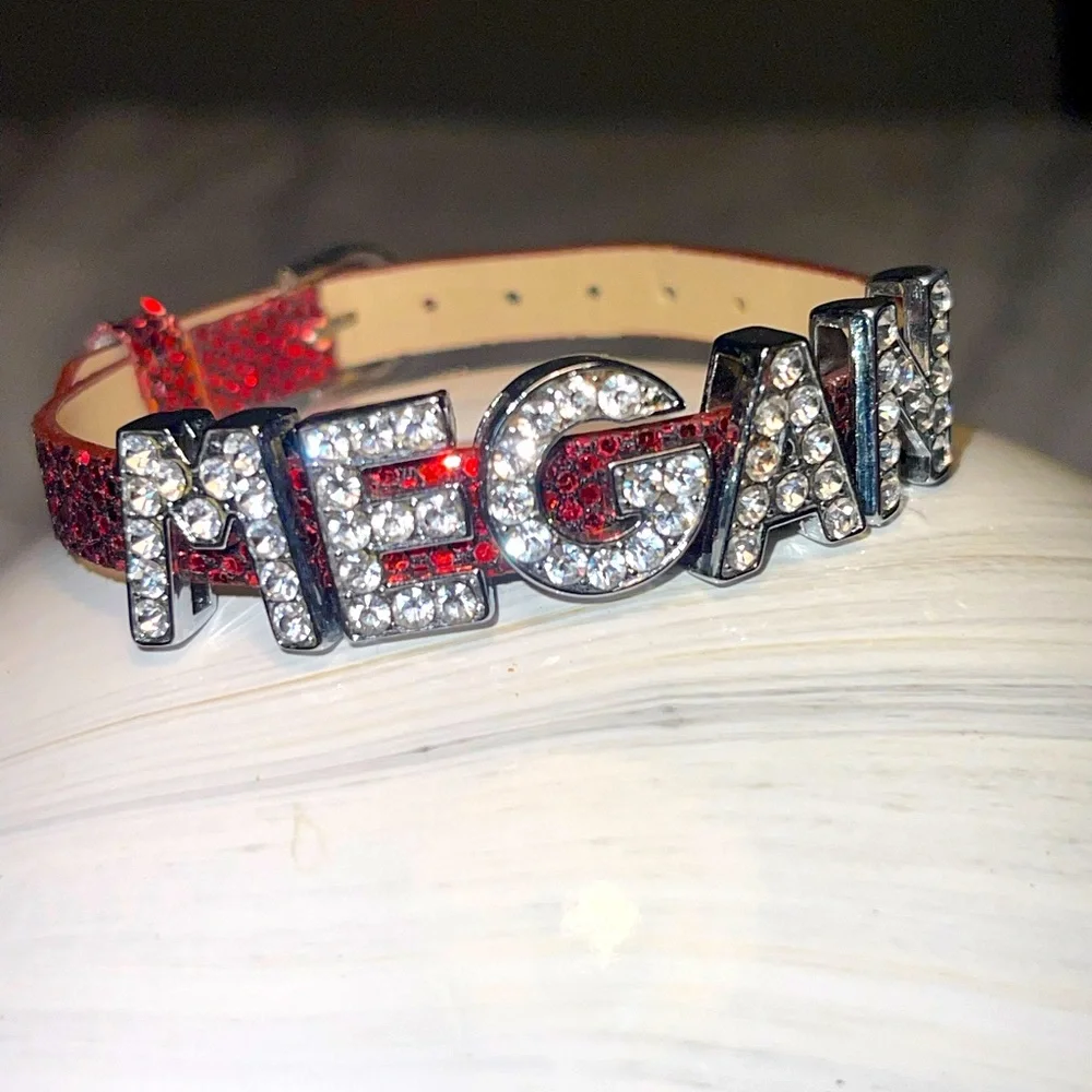 Megan Personalized Rhinestone Name Belt‎ Bracelet in Red Sparkle Adjustable